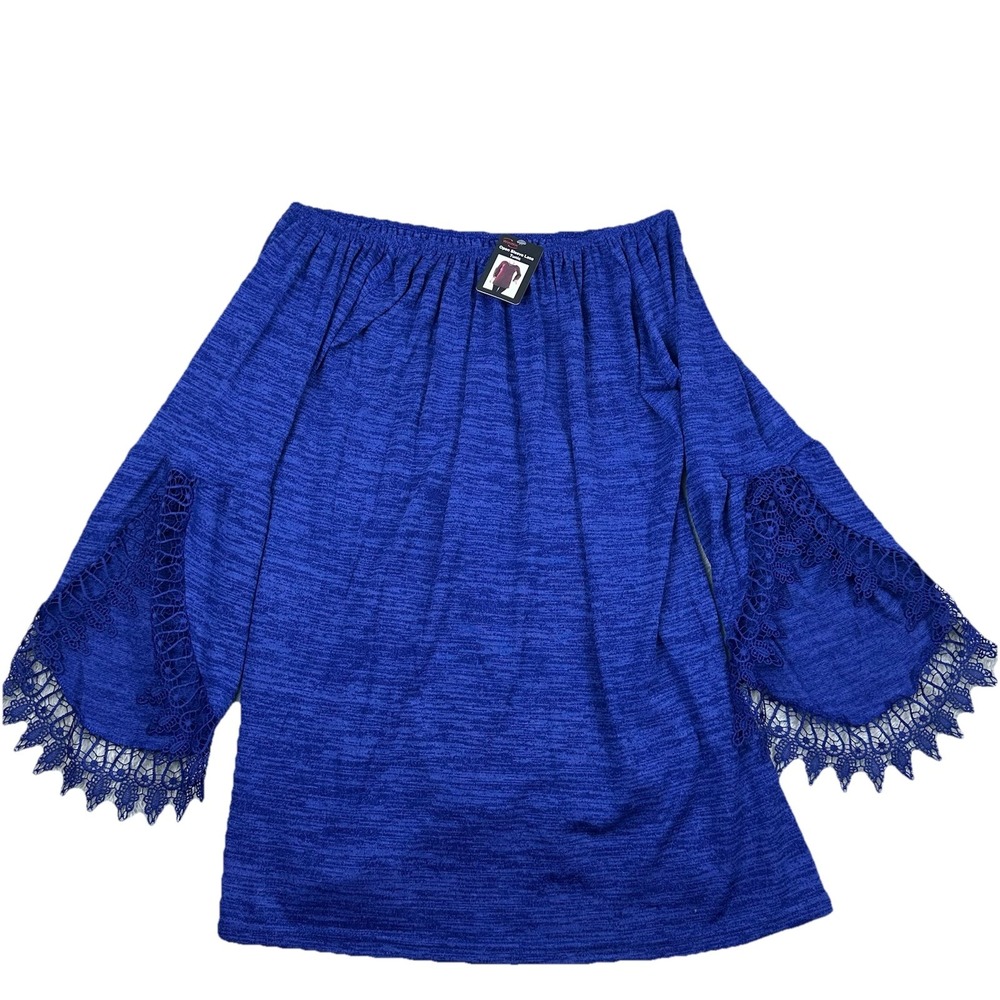 Womens Royal Blue Lace Sleeve Tunic Romantic Off Shoulder Knit Size 2X-3X NWT